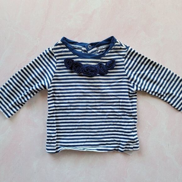 Childrens place 3-6 month 100% cotton striped 3d floral navy blue white long sle - Picture 1 of 5
